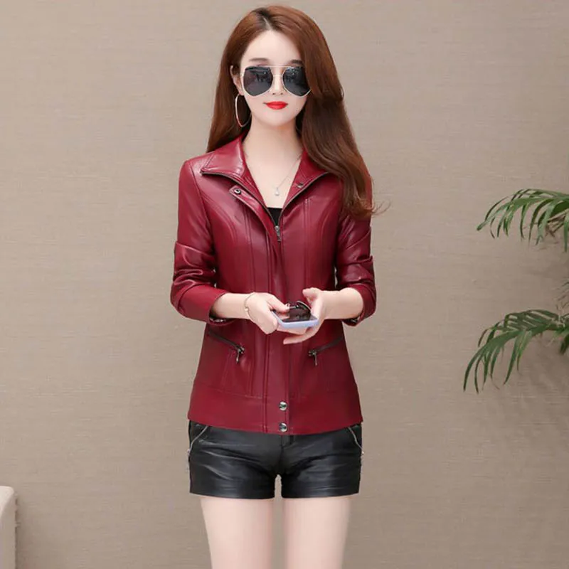 Spring And Autumn New Haining Women's Short Locomotive Korean And Slim Large Size Collar Leather Coat