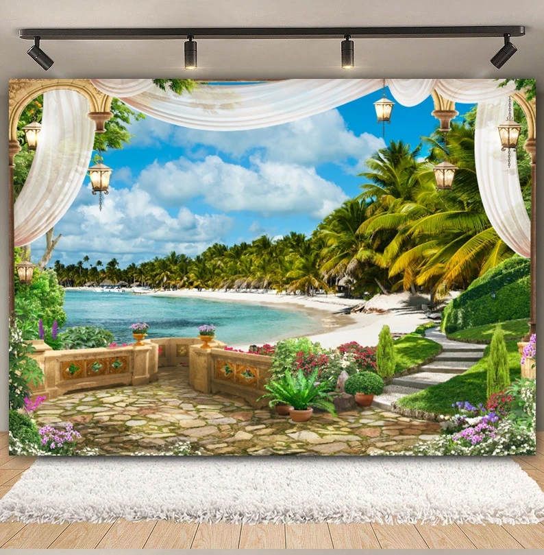 Summer Sea Landscape Backdrop Palace Balcony Curtain Tropical Beach Seaside Ocean Wedding Birthday Party Photography Background