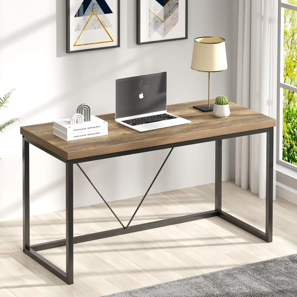 

FOLUBAN Modern Computer Desk, Rustic Wood and Metal Writing Desk, Vintage PC Table for Home Office, Oak 55 inch