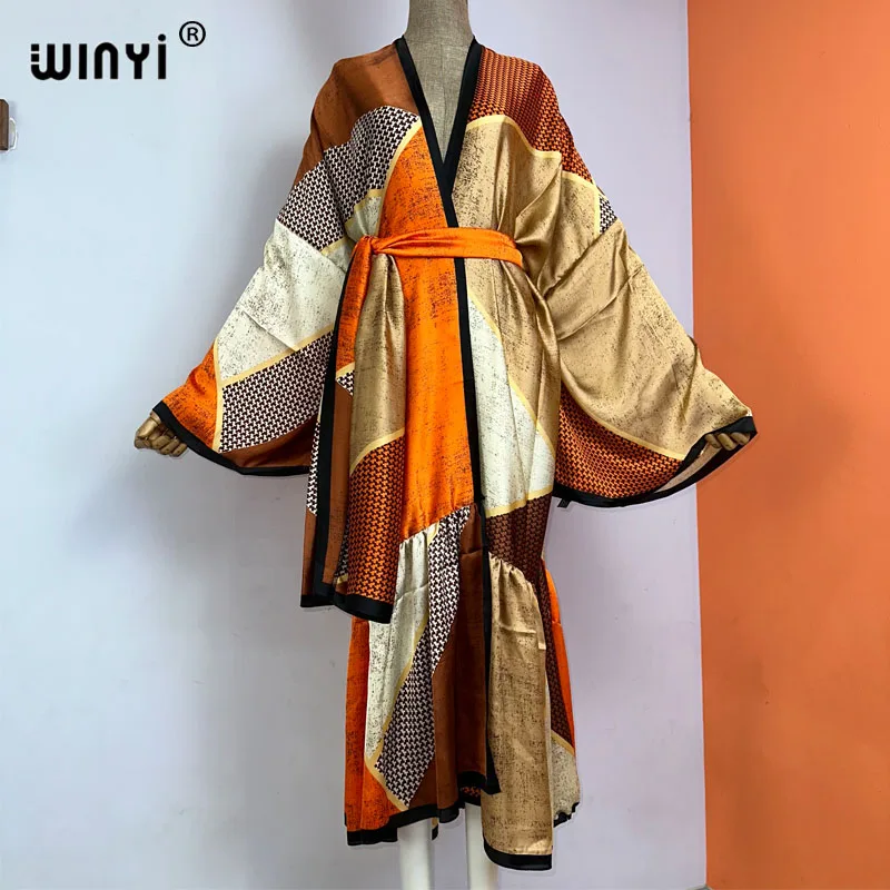 

2022 WINYI Middle East Daily prom dress Positioning printing Self Belted Women Summer Clothing Kimono Dress Beach Wear Cover Up