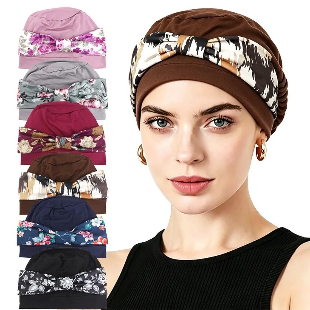 Soft Elastic Pre-Tied Turban Hat Floral Print Solid Base Head Wrap Beanie Stretchy Fabric Pre-Tied Bow Hair Loss Head Cover