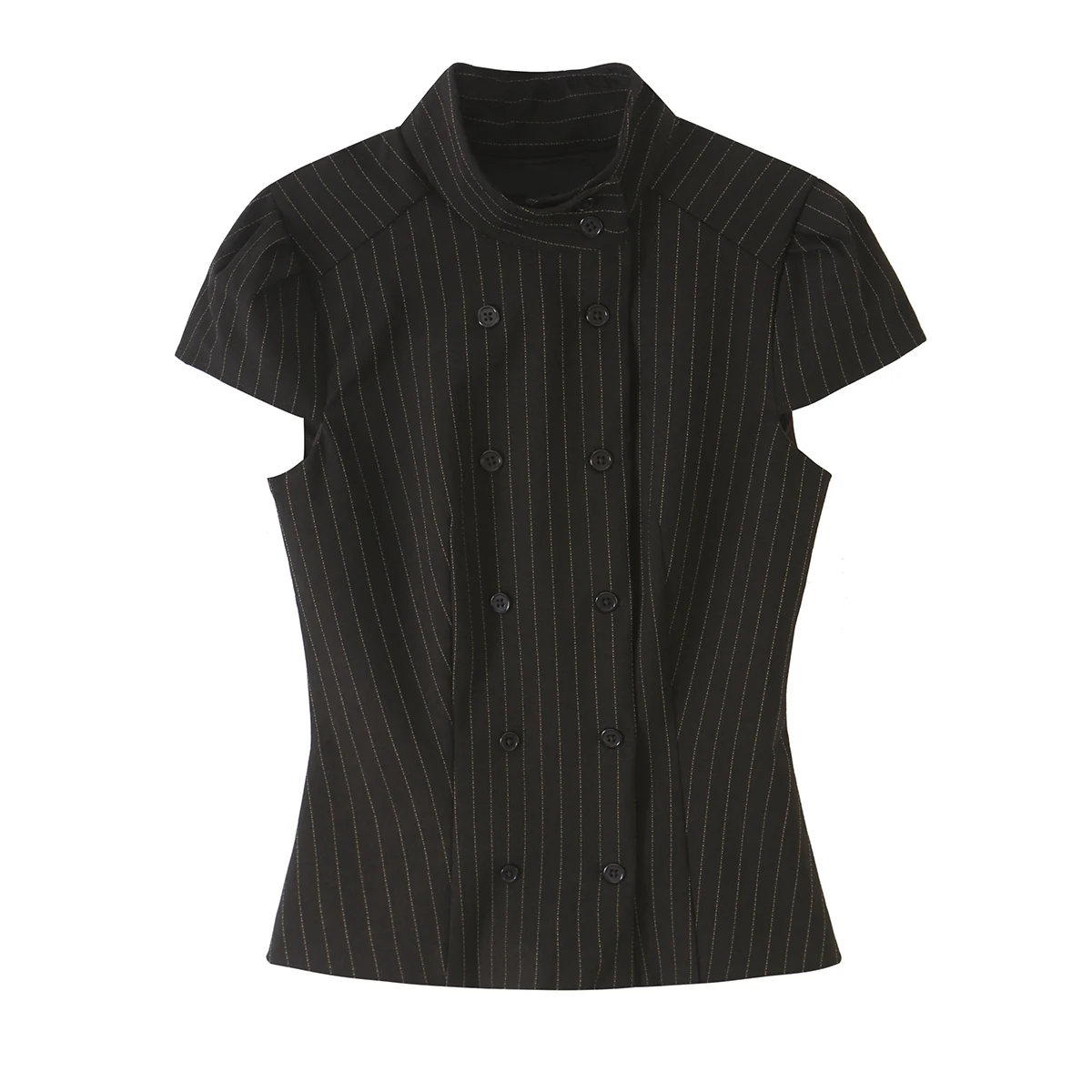 BSAY 2026 Neue Retro Preppy-Style Damen Bluse mit Stehkragen, Doppelreihig, Kurzarm, Schmal Geschnitten, Kariert und Gestreift, Arbeitsbluse – Detail 5