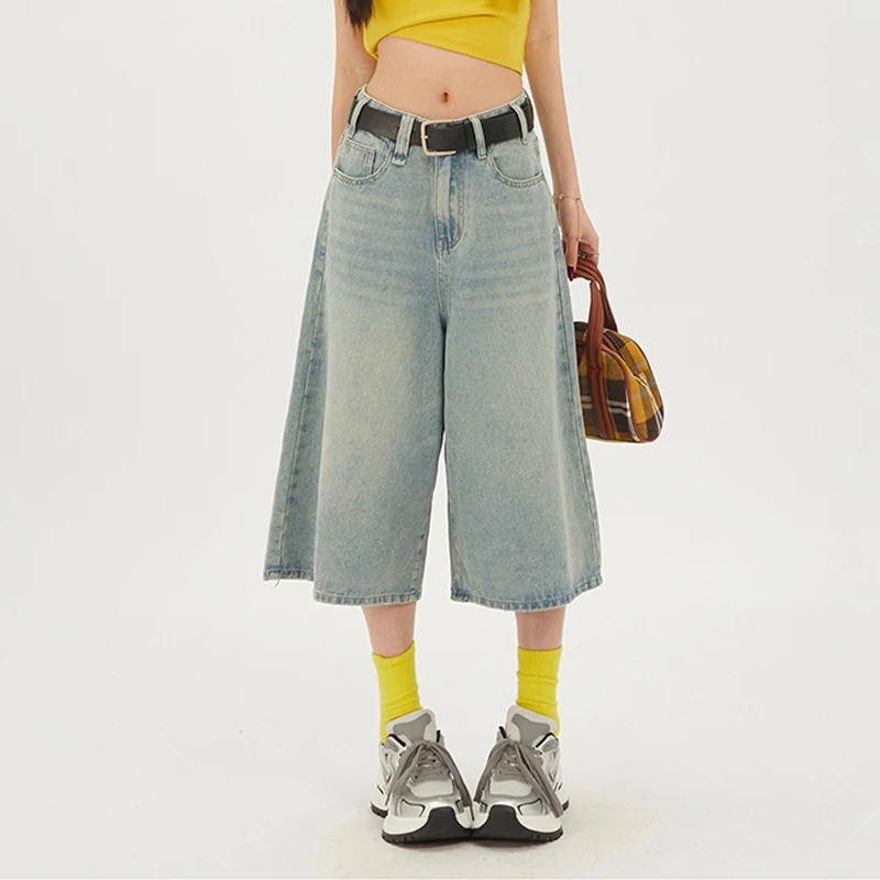 

Summer Women Y2k Baggy Denim Shorts 90s Vintage Wide Leg Loose Short Pants High Waisted Straight Knee Length Jeans Shorts Mujer