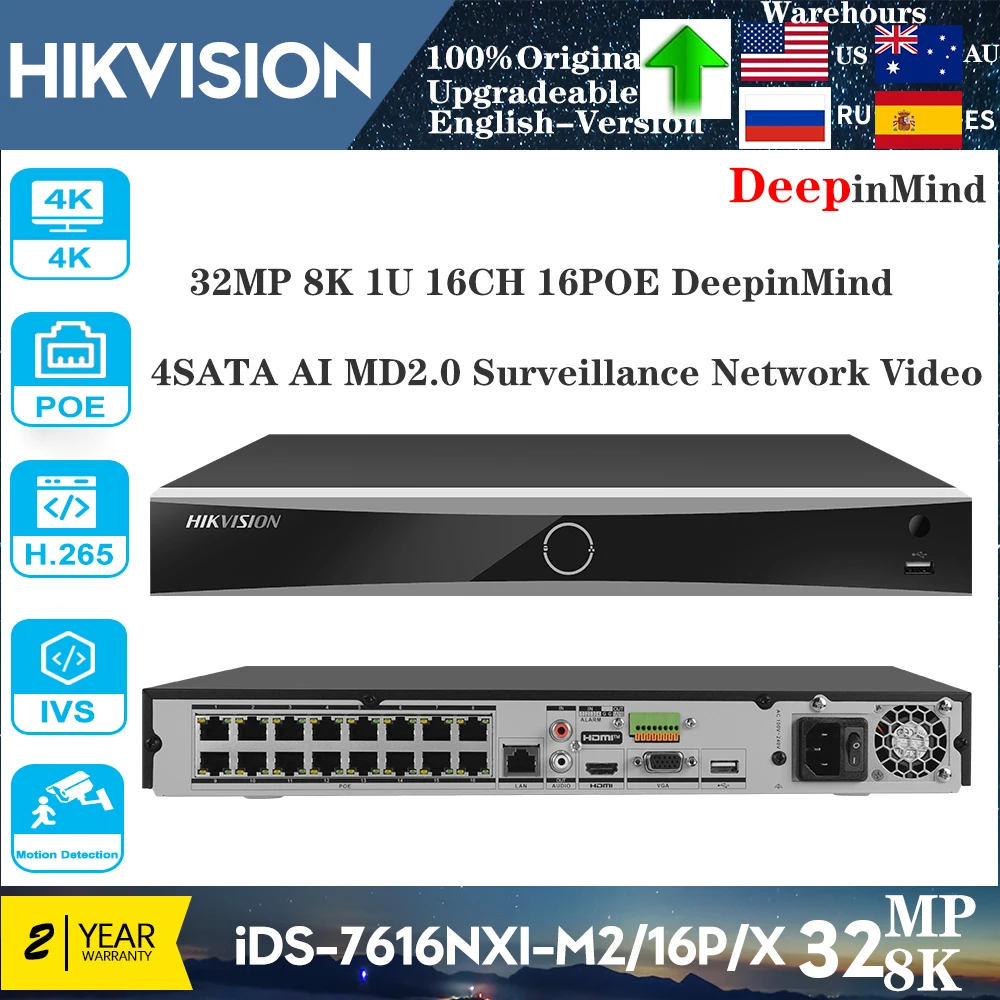 Original Hikvision iDS-7616NXI-M2/16P/X 16-ch 16 PoE 8K 32MP DeepinMind NVR 4SATA AI MD2.0 Surveillance Network Video Recorder