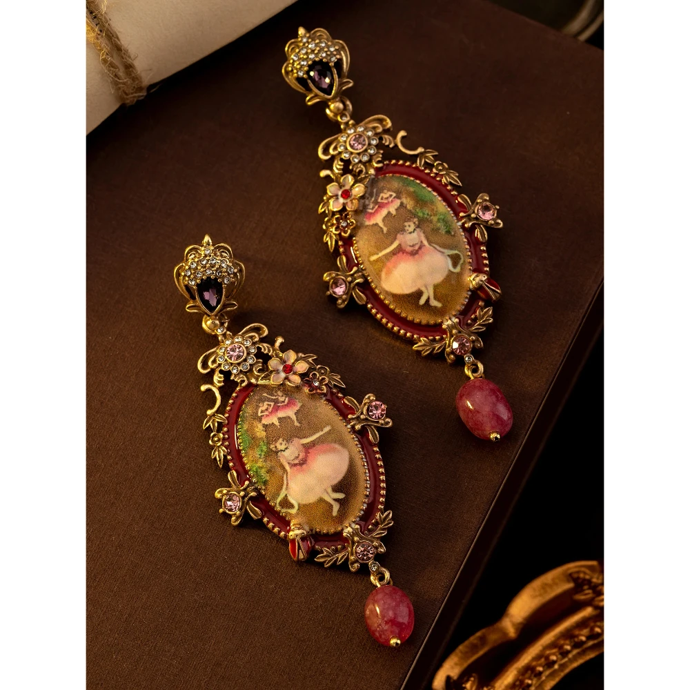

Vintage fashion ballet girl cute flower luxury carved flower earrings drop Relief earrings woman