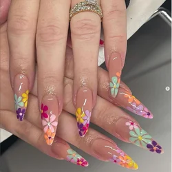24Pcs Colorful Flower Nails Set Press on Wearable Fake Nail Almond Design Long Stiletto French False Nails Full Cover Manicure