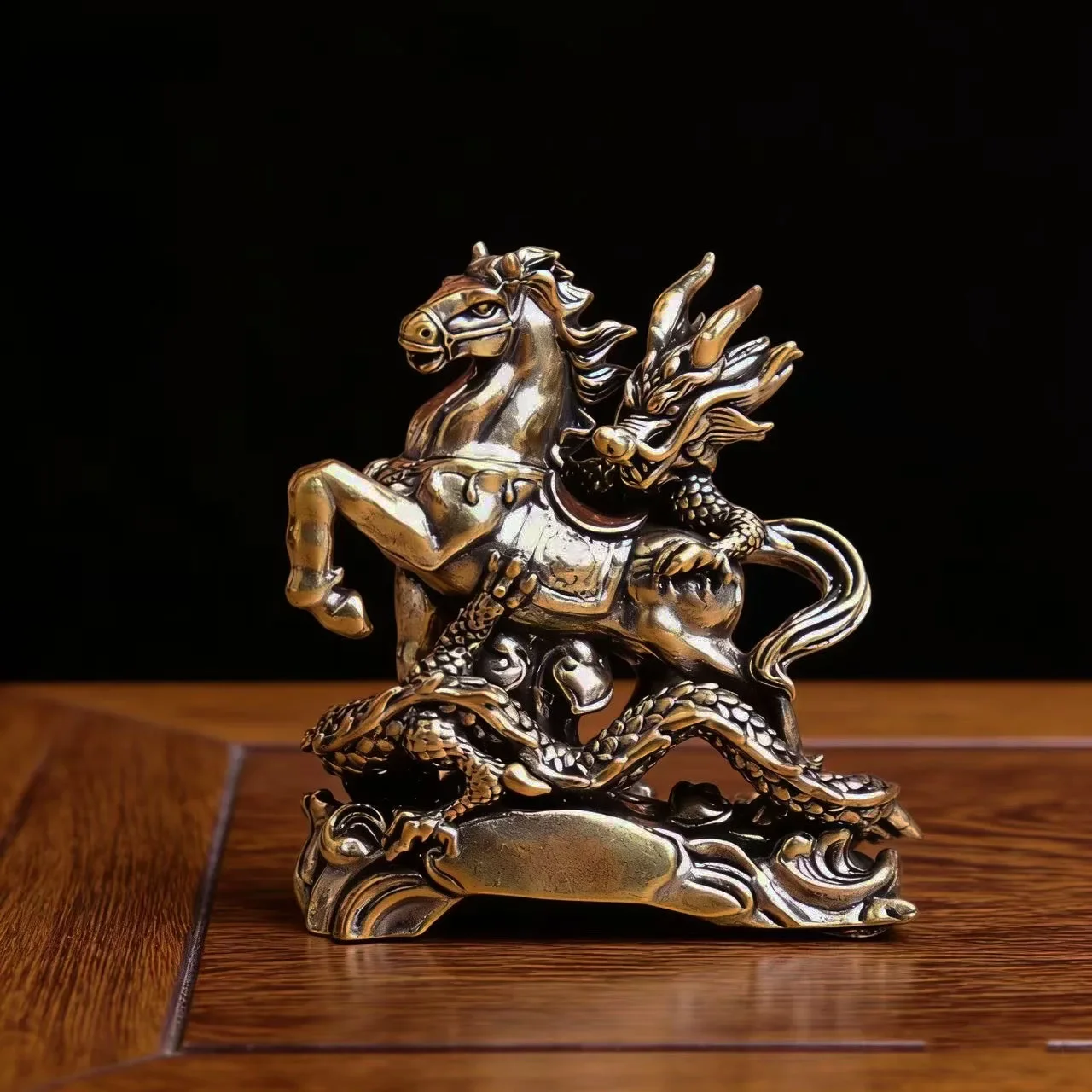 Retro Brass Dragon Horse Figurine Metal Chinese Mythical Animal Statue Feng Shui Desktop Decor Collectible Gift