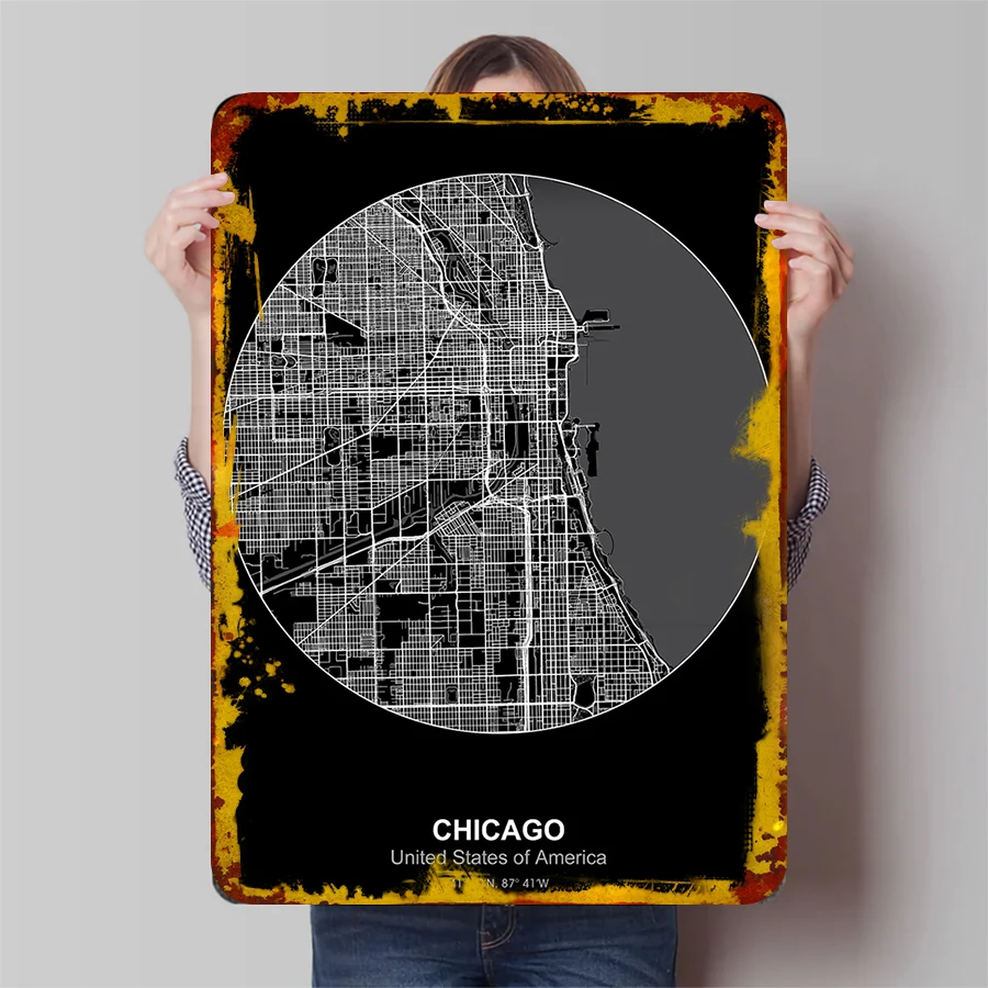 Chicago Skyline Map Metal Wall Art Custom Home Decor Modern Urban Decoration for Living Room Office
