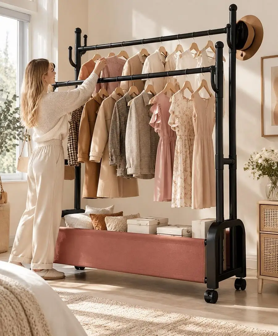 Mobile Garment Rack With Wheels,Aesthetic Ins Adjustable Single/Double Rod Clothes Hanging Rack,Dorm Room Essentials, Freestandi