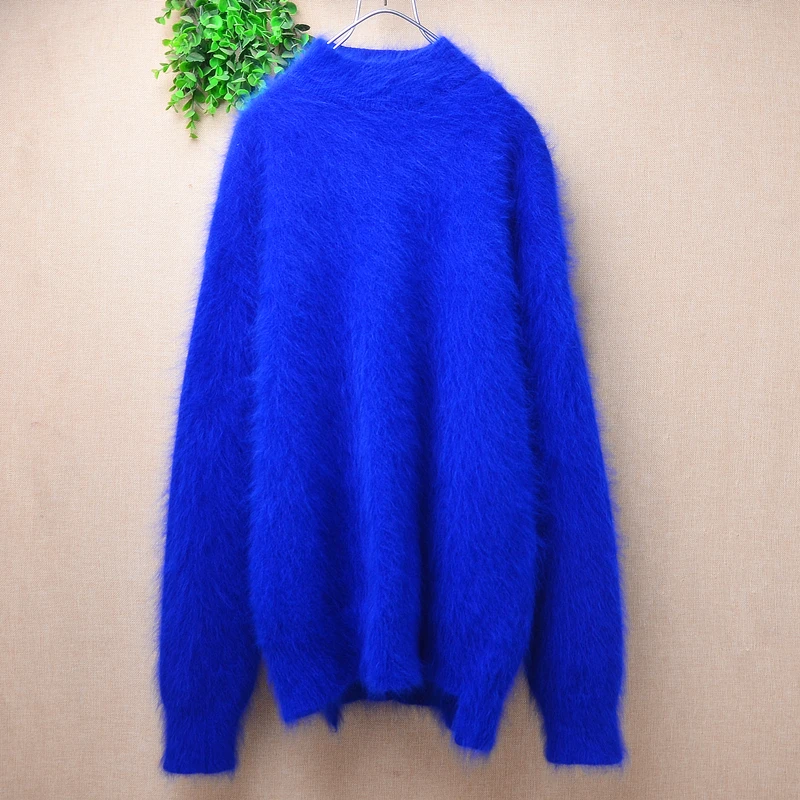 

Women Mujer Autumn Winter Clothing Blue Hairy Angora Rabbit Hair Knitted Turtleneck Long Sleeves Slim Blouses Pullover Sweater