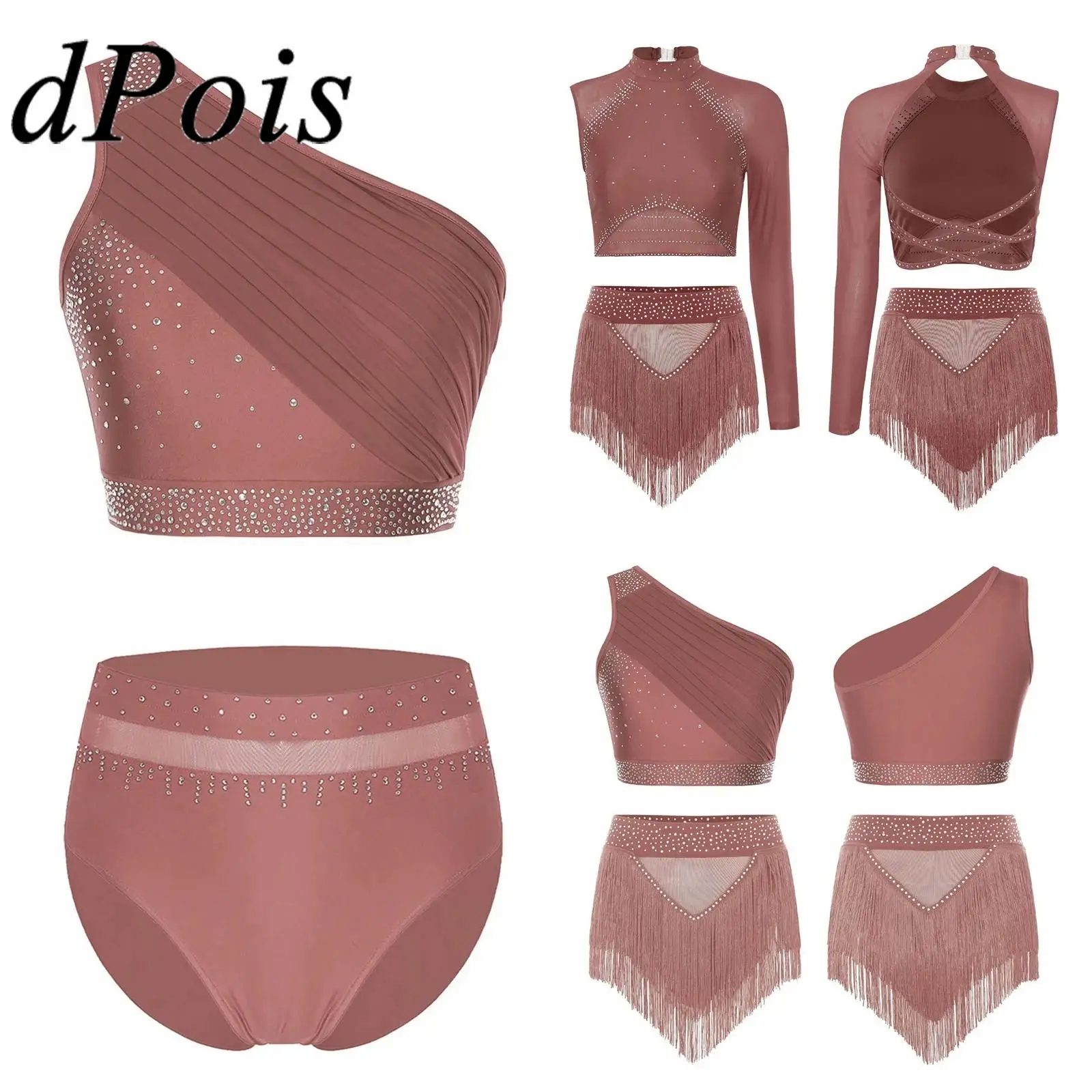 Traje de baile lírico latino para mujer, Ropa de baile, trajes de gimnasia de un hombro, Top corto de malla con bragas, trajes de patinaje artístico