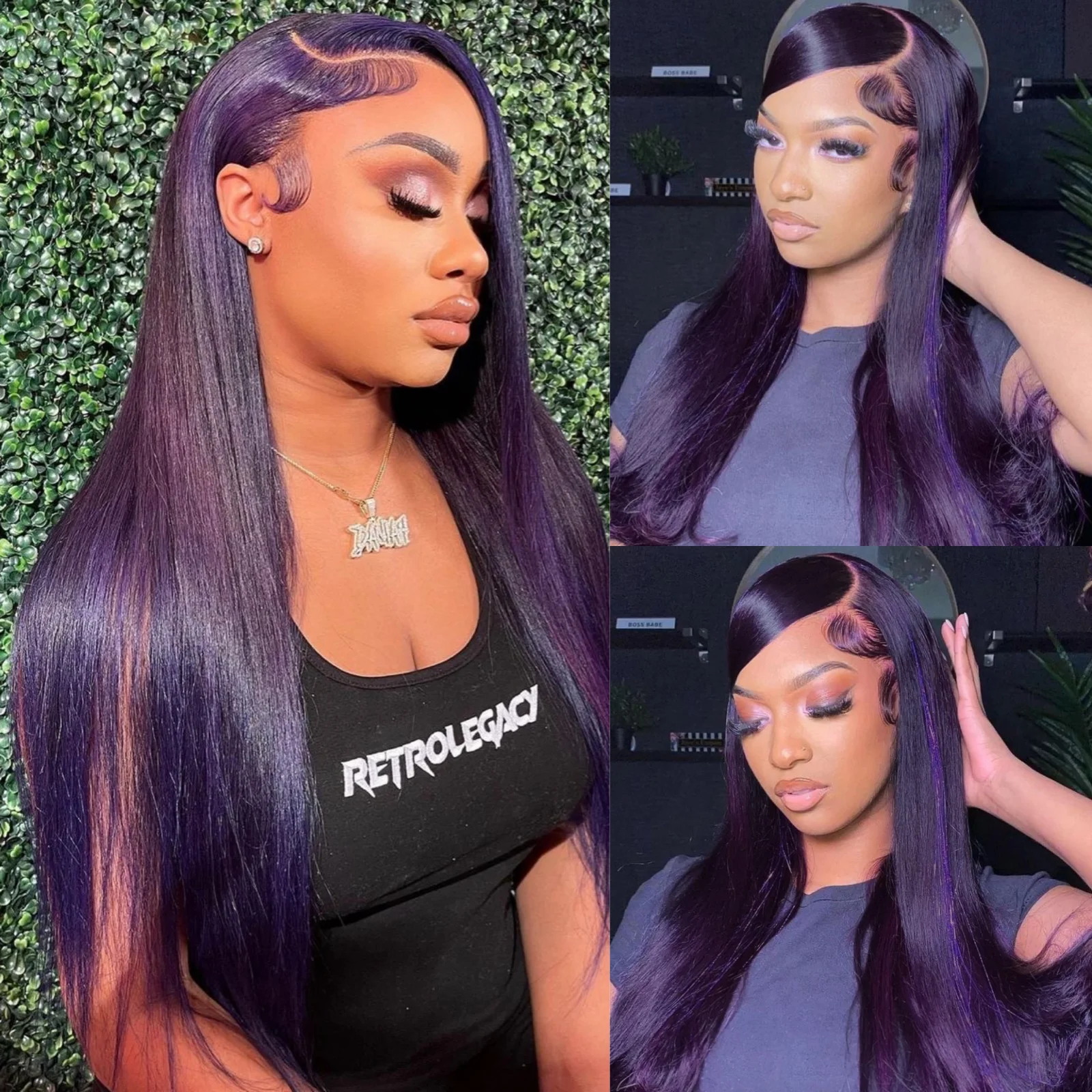 ダークパープルのロングシルキーストレート合成ヘア、フリーパート、接着剤不要、13x4レースフロント、カラーウィッグ、女性用、デイリー、パーティー、コスプレ