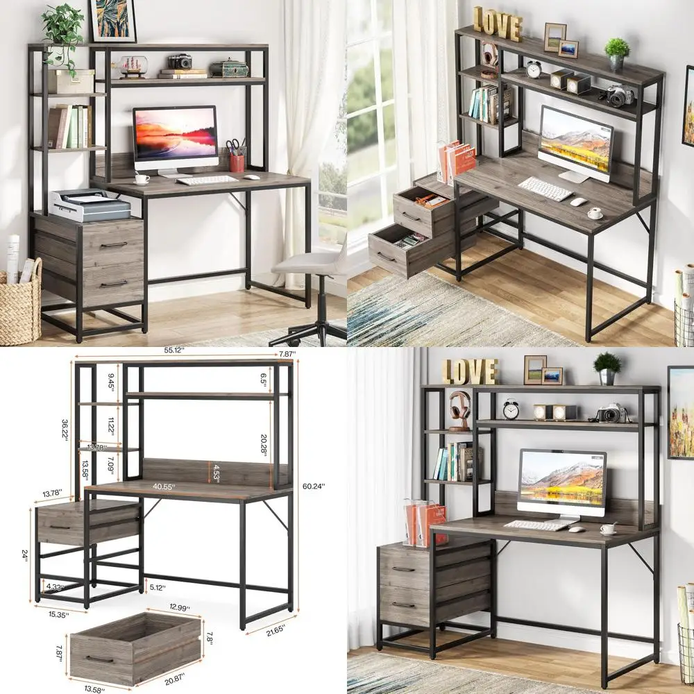 55 Rustic Grey Computer Desk with 2 Drawers and Storage Shelves for Study, Writing, Gaming, or Home Office