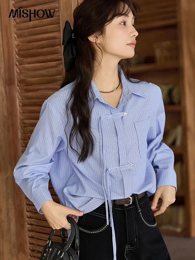 MISHOW Blue Striped Long Sleeve Shirt Women Vintage Lapel Tops 2024 Autumn Loose Casual Shirts Drop Sleeve Pocket Top MXD48C0351