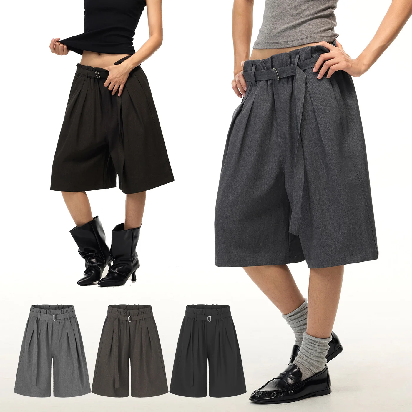 Men Women Summer Fashion Vintage Pleated Loose Casual Wide Leg Short Pants Couple Streetwear Straight Shorts