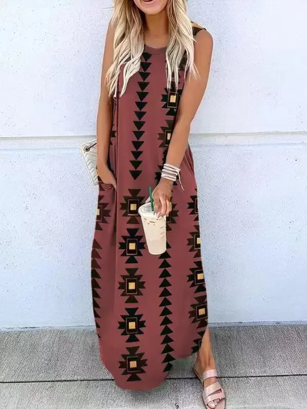 

Geometric print crewneck sleeveless baggy dress