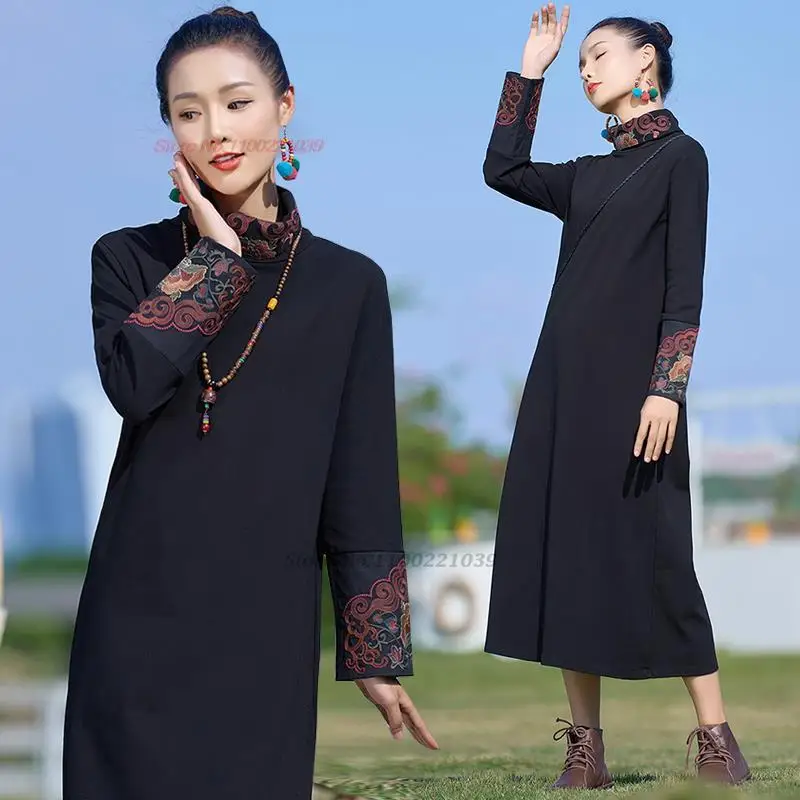 

2024 traditional chinese improved hanfu dress national flower embroidery stand collar dress oriental knitted folk long dress