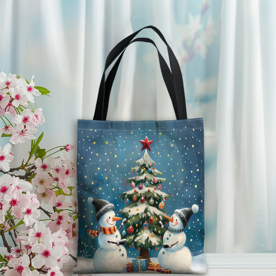 

Christmas Snowman Canvas Tote Bag, Machine Washable Polyester Shoulder Bag with No-Closure Top, Durable for Shopping & Reusable