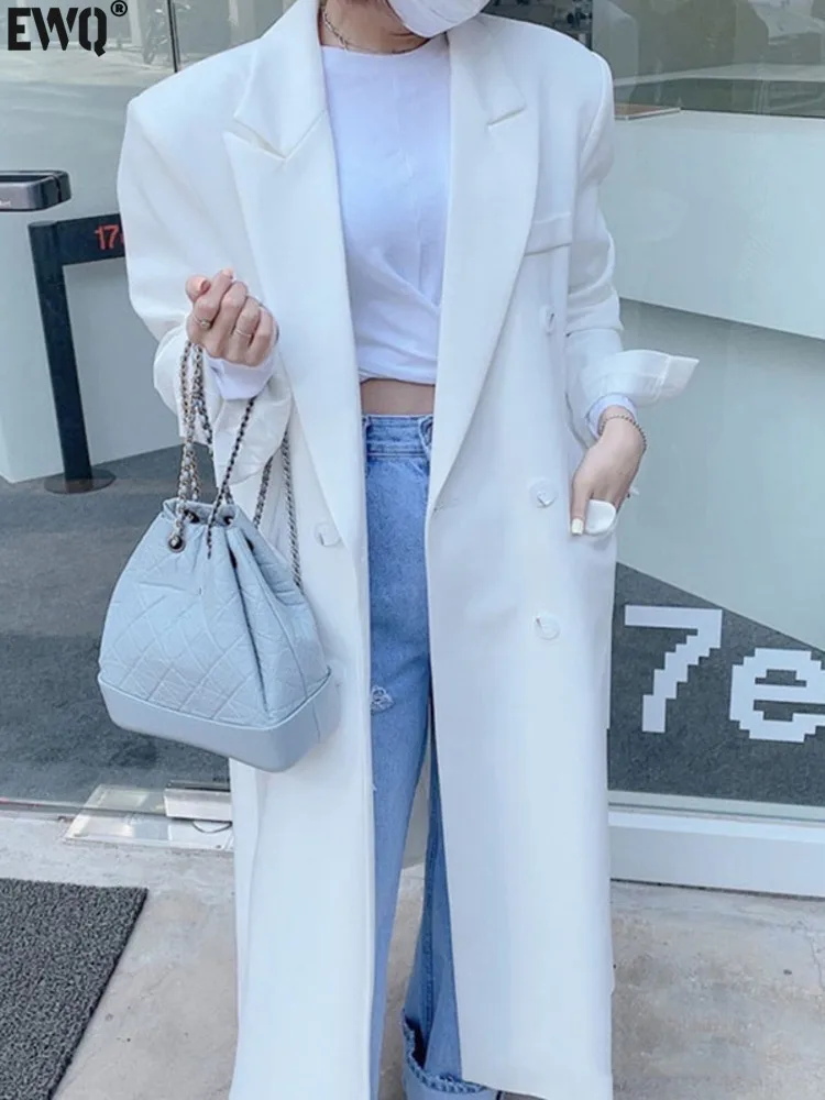 

[EWQ] 2024 Autumn New Korean Loose Casual Suit Coat Women's Medium Long Fashion Versatile White Blazer Jacket Female 16E4930