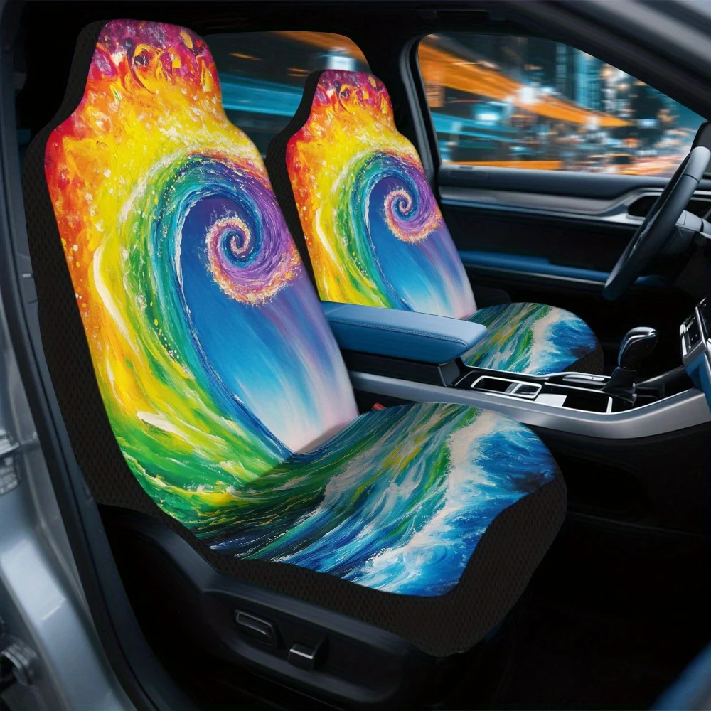 2pcs Psychedelic Rainbow Wave Print Car Seat Covers – Front Seat Protectors For Cars, SUVs & Sedans, Durable Design, Easy To In