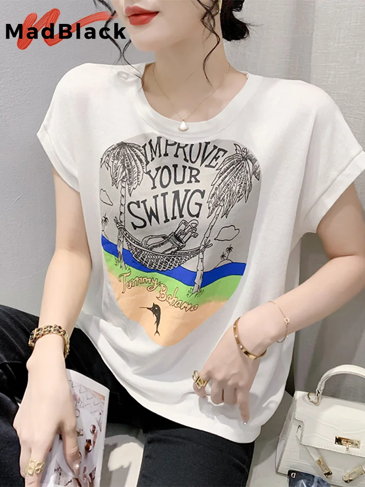 

MadBlack Summer European Clothes Tshirts Women Sexy O Necks Letter Printed Loose Cotton Tops Batwing Sleeve Tees New T35813M