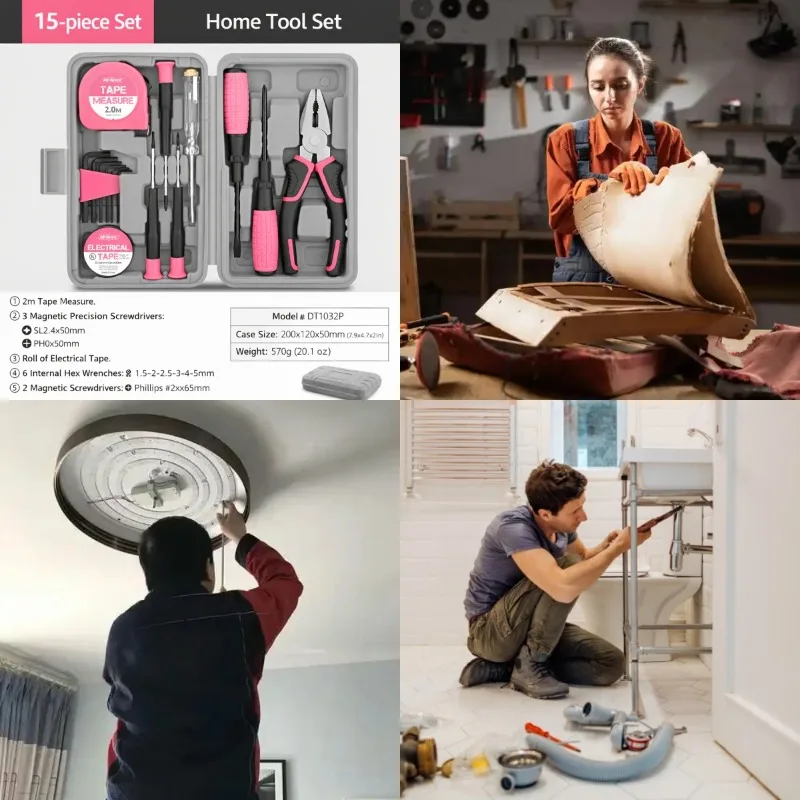 

15Pcs Professional Hand Tools Kit Measuring Tape Plier Screwdriver Set Multi Maintenance Hardware Tool Box for Daily Repair DIY