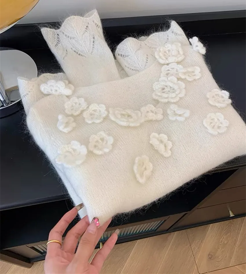 Elegant Autumn White Soft Mohair Knitted Loose Sweater Tops For Women Handmade Hook 3D Rose Flower Flare Long Sleeve Pullovers