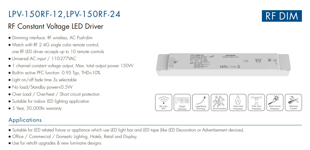 DC12/24V RF + zasilacz ze ściemniaczem stałe napięcie Push 150W LPV-150RF-12/LPV-150RF-24 dla Led Strip Light/moduły LED Driver