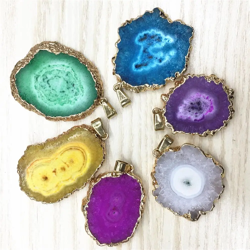 Wholesale Natural Stone  Electroplated Edged Slice Crystal Flower Agates Geode Drusy Druzys Pendant for Necklace Women Jewelry