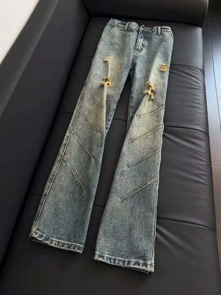 

Washed Gradual Ripped Jeans Men's American Vibe Straight Cut Shark Gills Curved Knife Flared Pants Casual Youth Summer Jeans