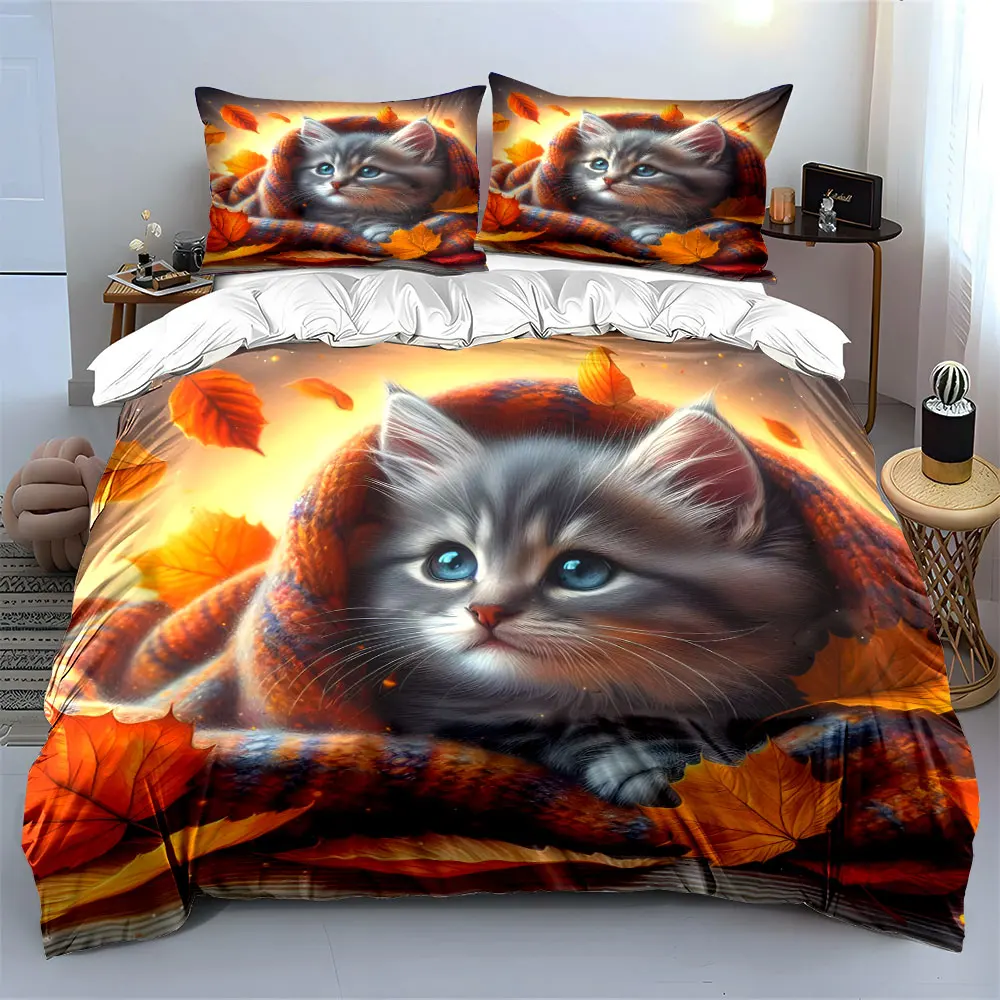 

3Pcs Autumn Cat Bedding Set, Cute Gray Kitten with Fall Leaves Print Duvet Cover + 2 Pillowcases, Cozy Seasonal Decor