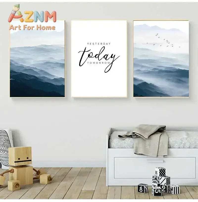 AZNM Coastal Cliff Mountain Ocean Wave Canvas Print Unframed Yesterday Today Tomorrow Quote Poster Minimalist Nature Living Room
