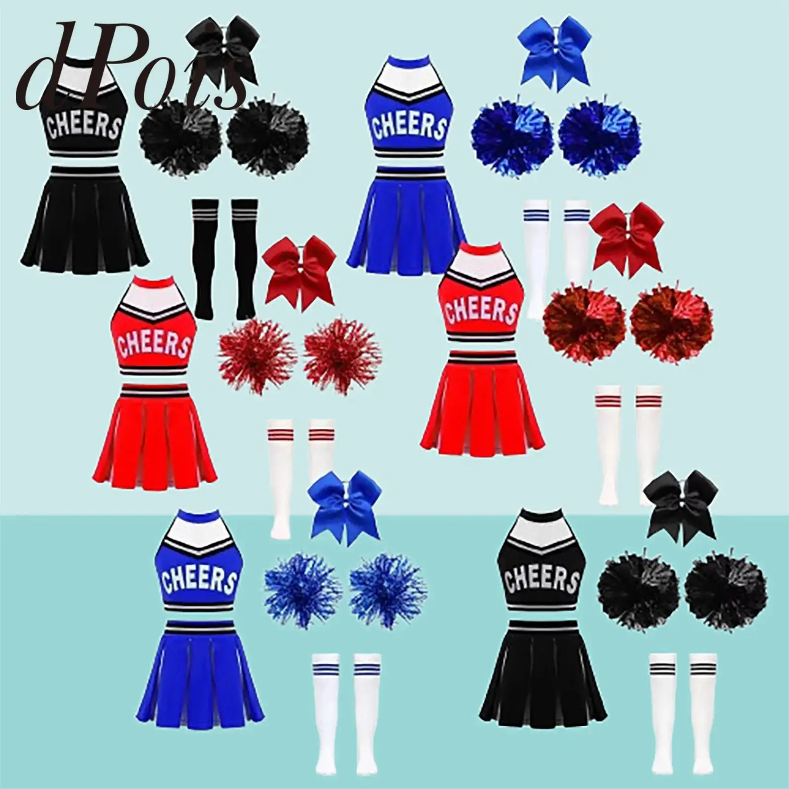 

Kids Cheerleader Uniforms Crop Top Skirt Socks With Flower Balls Cheerleading Costumes Cosplay School Girls Cheer Dance Outfits