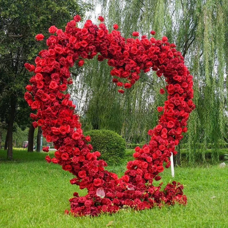 Silk red rose heart arched bracket artificial flower arrangement background wedding event decoration