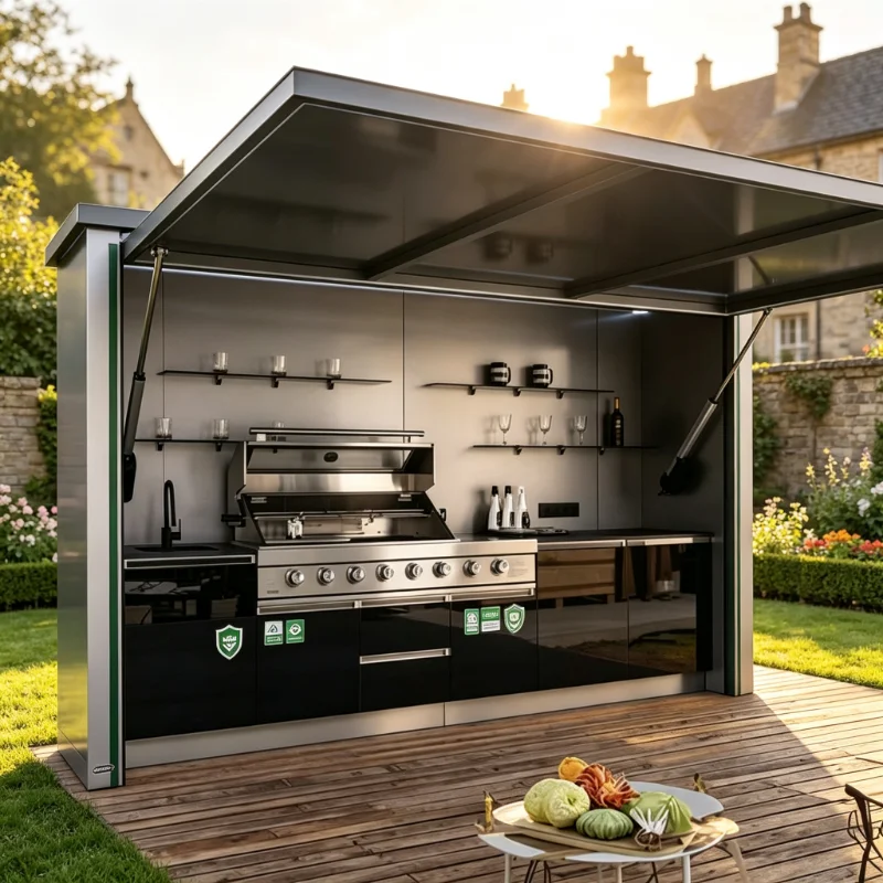 Portable Modular Stainless Steel Outdoor Kitchen Customizable With Storage Cabinet Windshield Eco Friendly Fireproof For Garden