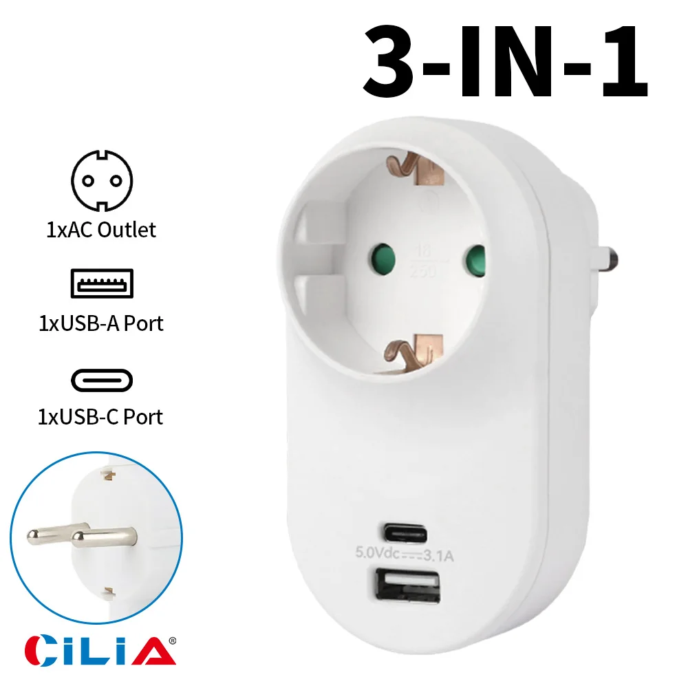 EU ，Electrical Plug Power  Socket, Multiple Outlets ,Wall Socket  ,1AC,1 USB ,Type-C,  Ground Connection，CE,Rosh,for Home