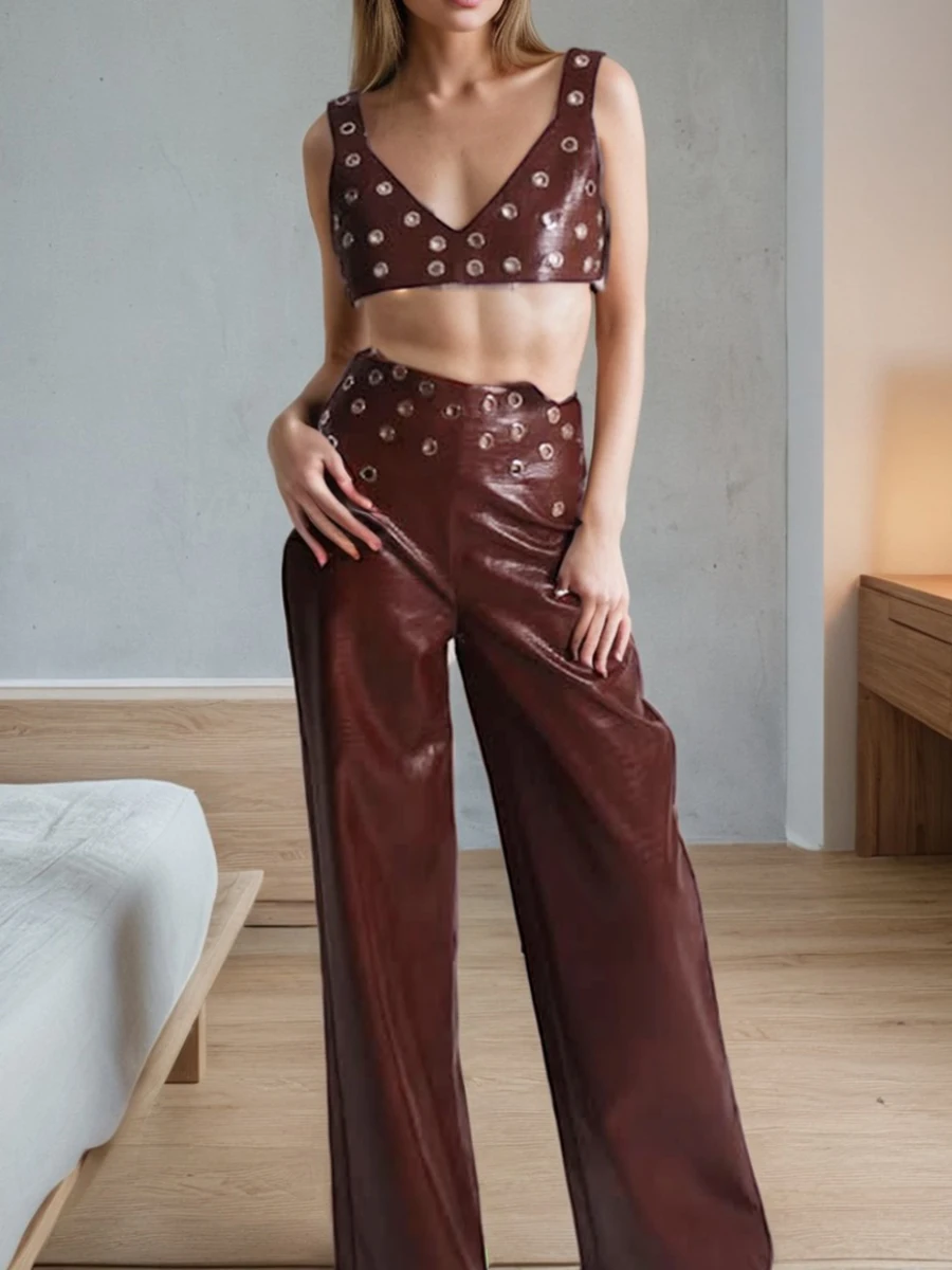 TWOTWINSTYLE Solid Hollow Out Spliced Metal Ring Two Piece Sets for Women V Neck Sleeveless Vest High Waist Pant Set Female New