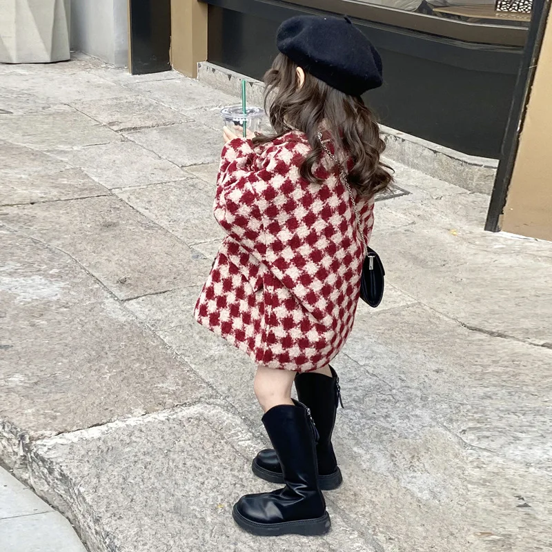 Children Coat 2023 Winter New Year Wear for Girls Small and Medium Sized Children Thickened Cotton Clip Korean Checkered Coat