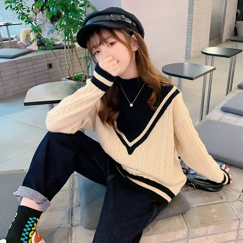 

Girls Sweater Autumn and Winter Style Plush Thickened Children's Knitting 2023 New Girls High Collar Baby Clothes 5 10 7 12 Year