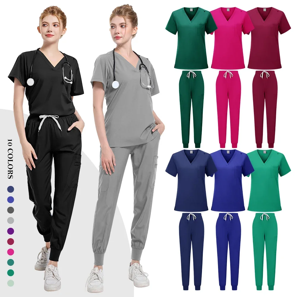 Elastic fabric beauty nurse dentist work uniform clinical shirt pants hospital medical doctor clinical surgery matte set