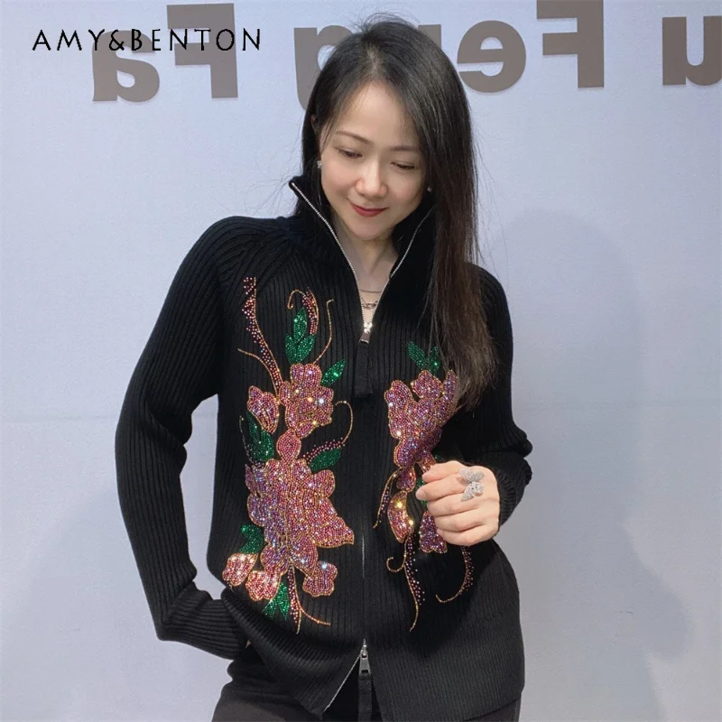 Women's Ribbed Long Sleeves Knit Sweater Coat 2026 Autumn Winter Rhinestone Stand Collar Zip Up Cardigan Top Cardigan Clothes