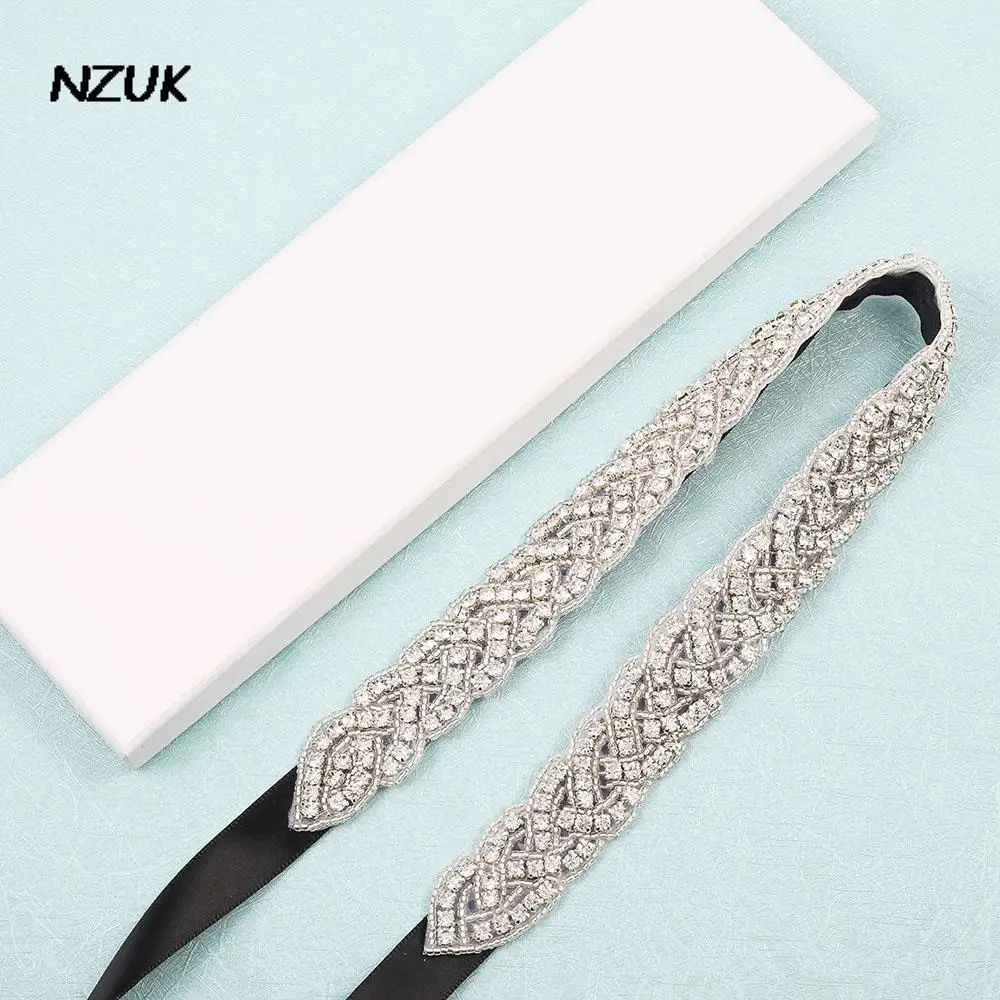 NZUK – ceintures de mariage perlées faites à la main, pour robes, strass argent, ruban noir