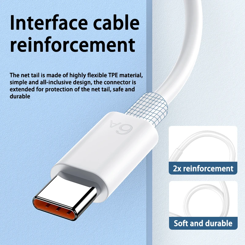 6A Type-C Fast Charging USB Cable for Xiaomi 13 12 11 Redmi Note 10 11T 12 13 Pro K60 K70 POCO F4 X5 Huawei Mate 50 P60 Honor 70