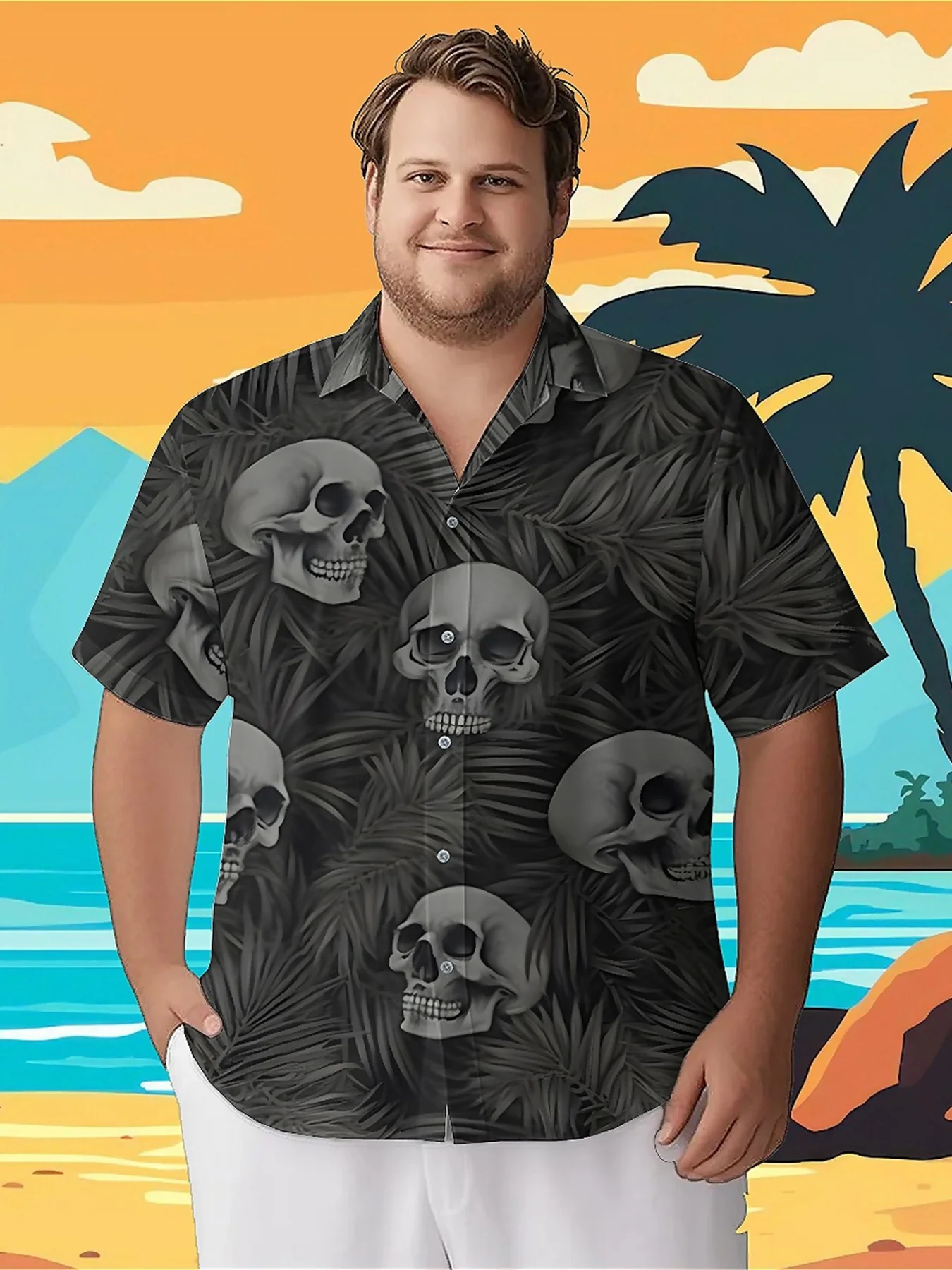 

Men's Plus Size Hawaiian ShirtsTropical Skull Printpattern, Summer Casual Tops, Suitable for Outdoor and Party, Streetwear