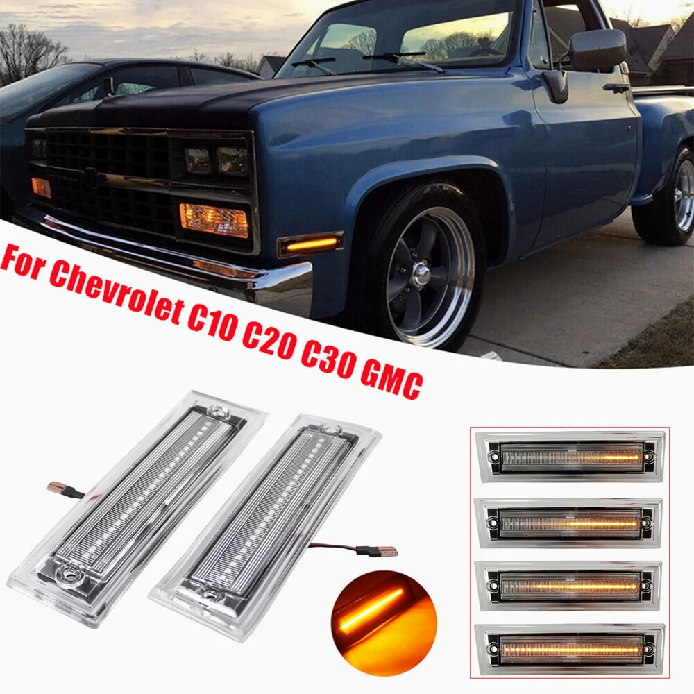 2PCS Smoked Dynamic LED Side Marker Light Amber Turn Signal Blinker Lamp For Chevrolet C10 C20 C30 GMC Jimmy Suburban