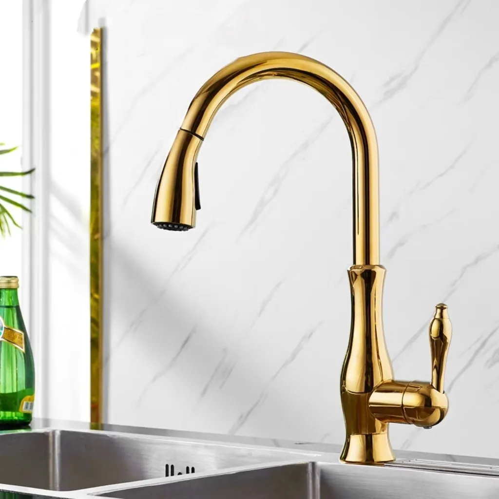 

Copper retro European-style pull-out faucet, antique brushed gold washbasin, pull-out kitchen cold and hot water faucet