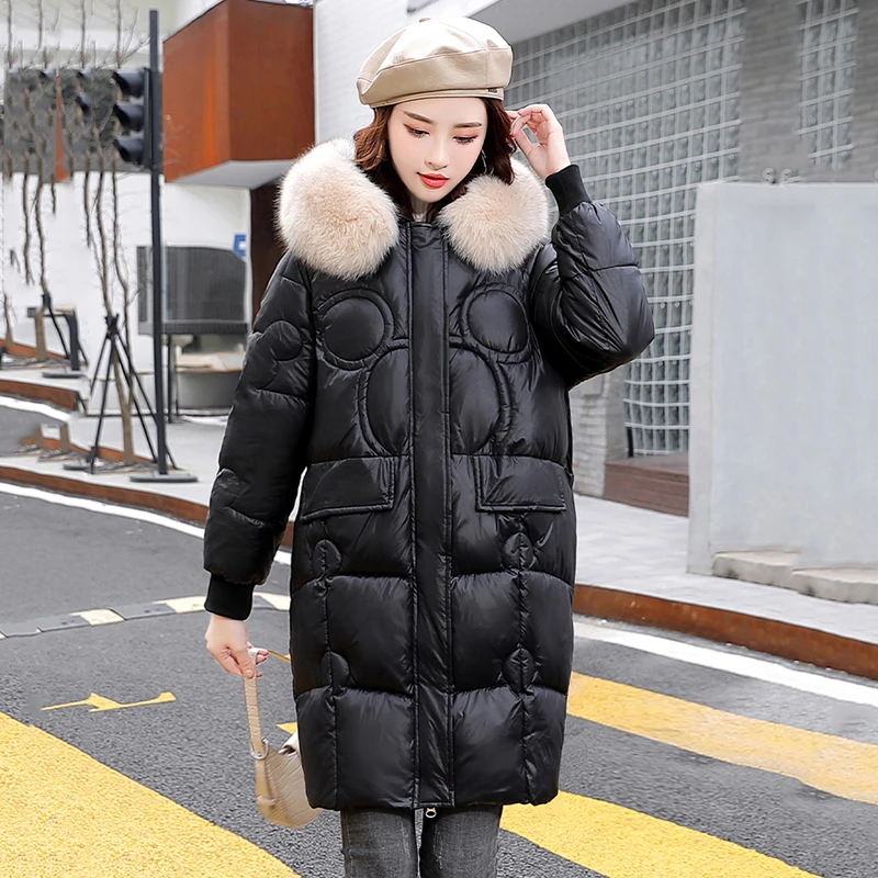 Pop Women Thick Down Cotton Coat Winter Nice Casual Fashion Hooded Fur Collar Embroidery Medium Long Loose Cotton-padded Jacket