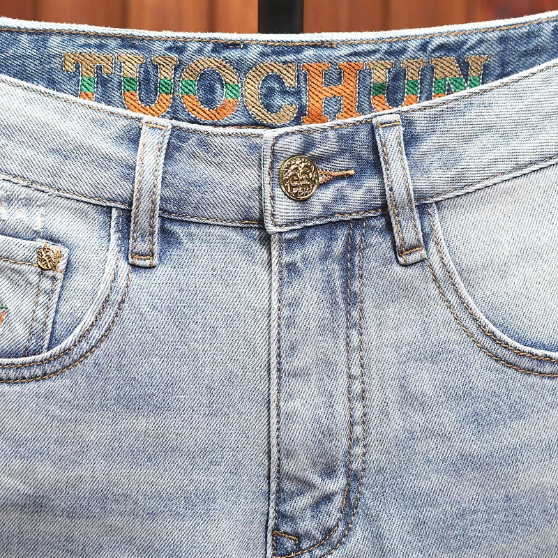 High end trendy men's denim shorts, men's retro nostalgic elastic hole patch, summer five quarter pants