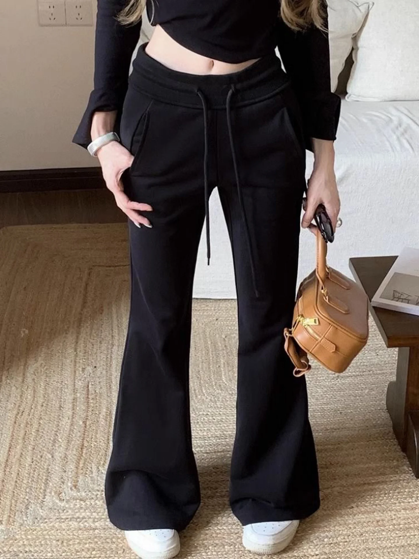Retro Korean Style Women's Casual Pants Low Waist Drawstring Sporty Sweatpants Slim Straight Leg Micro Flared Long Trousers