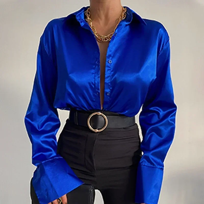 Casual Tops Fashion Vintage Orange Blous Blusas Mujer Elegant Satin Long Sleeve Women Blouses Solid Silk Shirt Women 22717